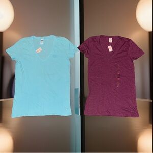 2-Victorias Secret PINK Deep V-Neck T Shirt Luscious Plum & Baby Blue New NWT